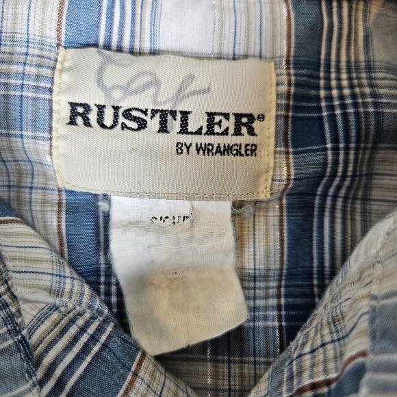 Rustler by Wrangler Mens Pearl Snap Plaid Cotton Western Cowboy Metallic Blue S - Picture 10 of 15